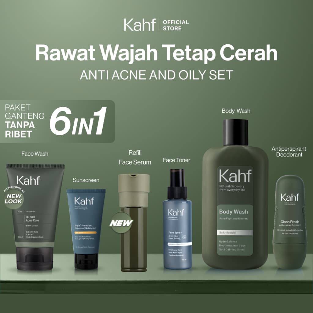 [KAHF BUNDLE 6IN1 PAKET GANTENG TANPA RIBET] Paket Complete Set (Face Wash + Toner + Serum + Sunscreen Moisturizer + Body Wash + Deodorant) - Rawat Wajah Tetap Cerah & Tanpa Jerawat - Suitable for Daily Use & Sensitive Skin